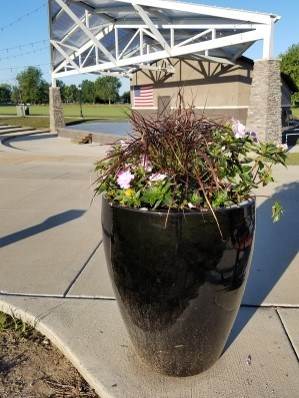 planter with flowers in front of stage